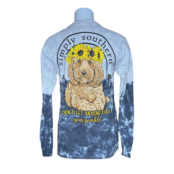 Simply Southern Long Sleeve Tee Blue Tie Dye Sunflowers Golden Doodle Dog Small - Picture 1 of 6